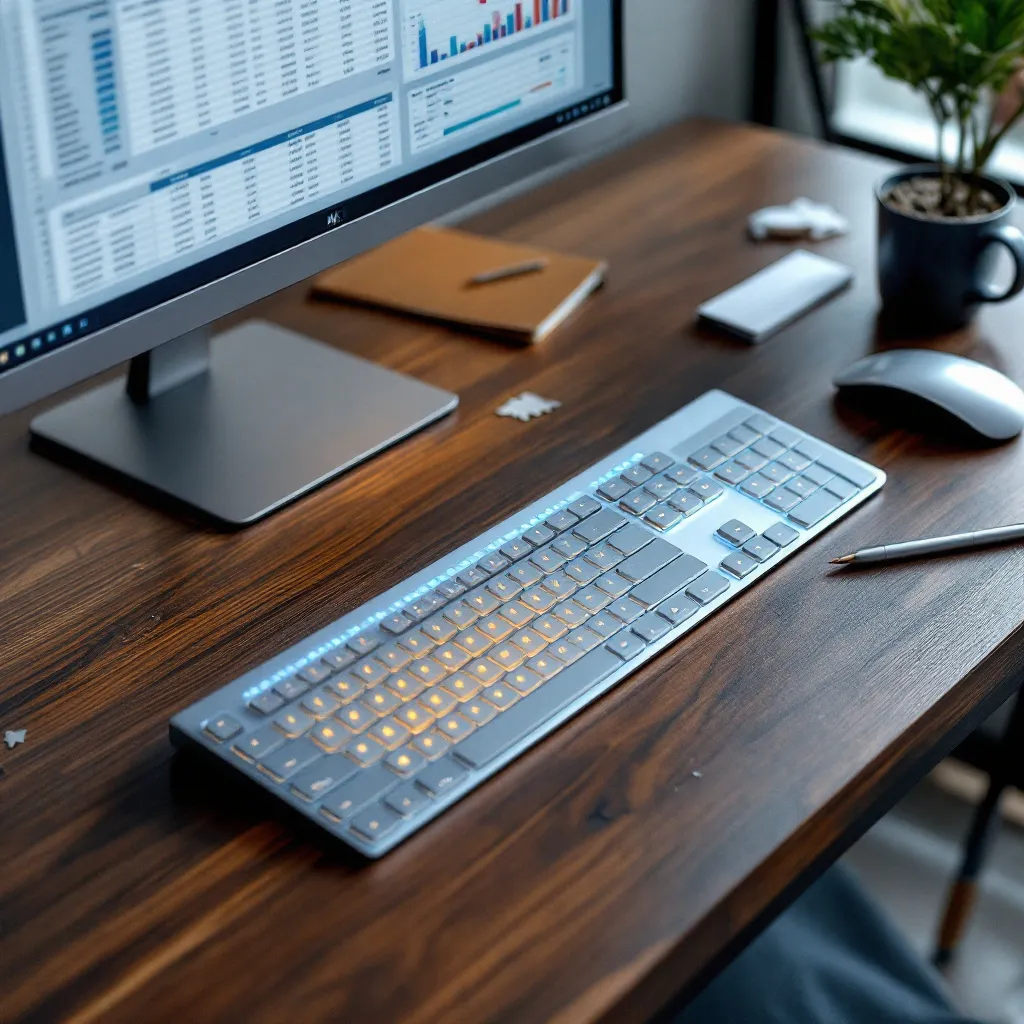 A keyboard and monitor on a wooden table