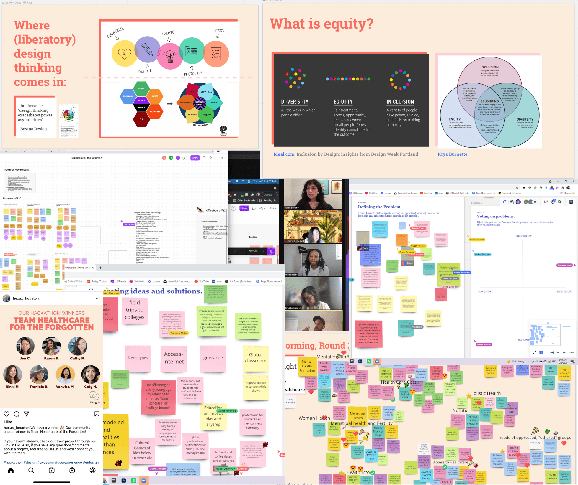Collage of screenshots from a hackathon, including virtual whiteboards filled with colorful sticky notes