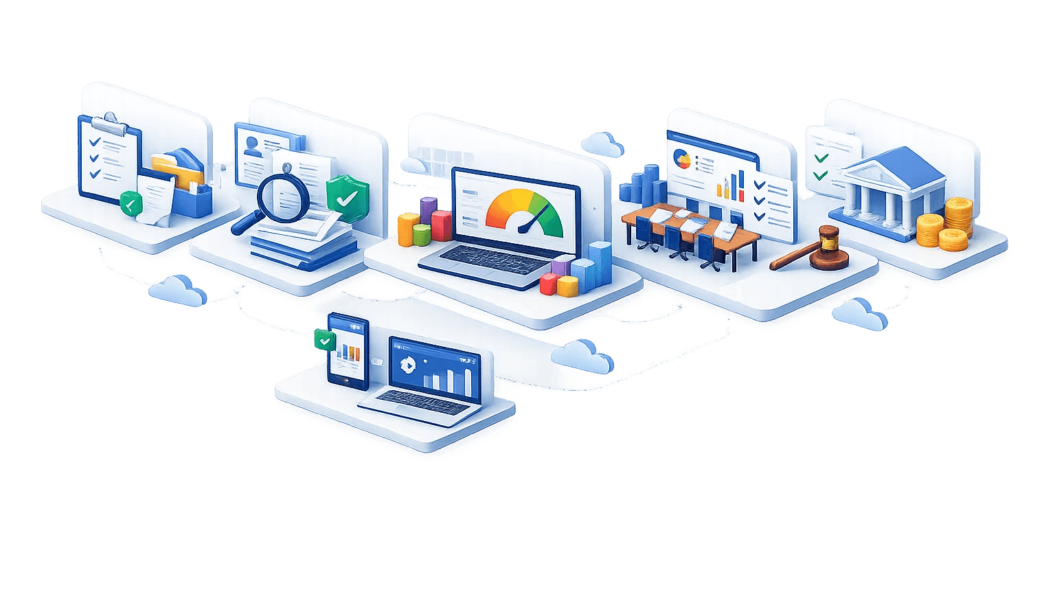 Ilustrasi ekosistem digital lending yang terintegrasi, menampilkan proses penilaian dan pengelolaan pinjaman dari hulu ke hilir. Visual menunjukkan verifikasi dokumen dan identitas peminjam, analisis risiko dan skor kredit, dashboard monitoring kinerja pinjaman, proses persetujuan dan kepatuhan, hingga institusi keuangan sebagai penyedia dana. Seluruh komponen terhubung secara digital untuk mendukung proses lending yang transparan, terukur, dan terkontrol.