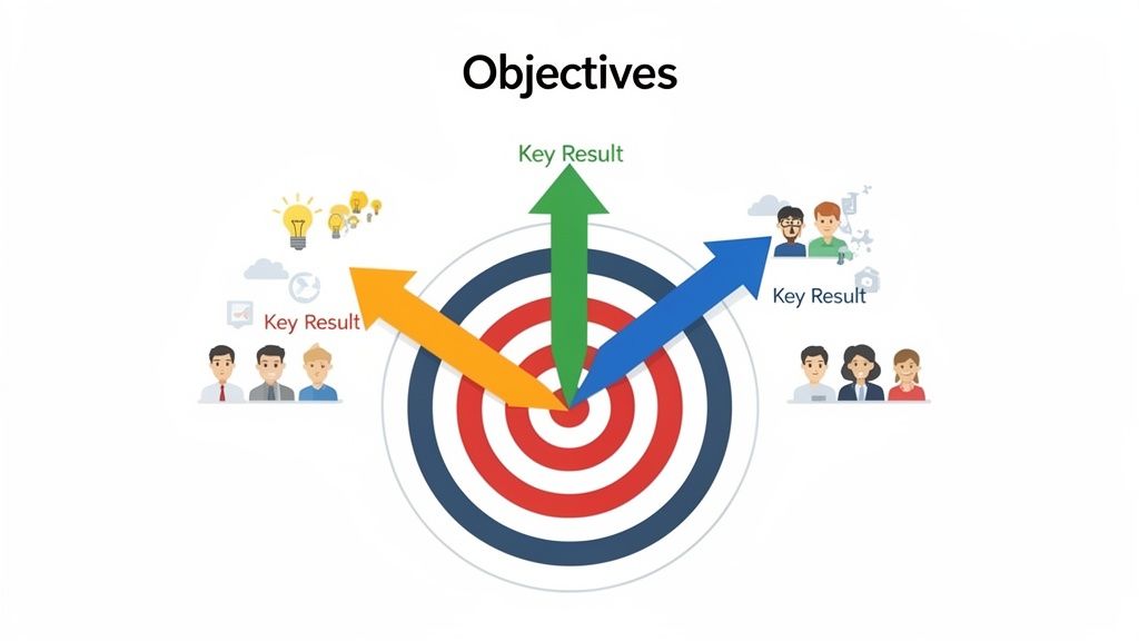 An infographic titled 'Objectives' showing a target with three arrows, each labeled 'Key Result', pointing towards the center.