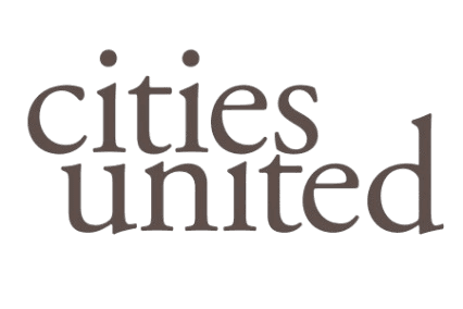 The image displays the logo of "Cities United," featuring stylized, lowercase black typography on a solid blue background.