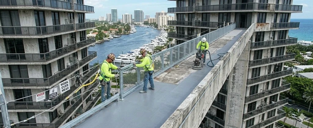 Catwalk concrete repair and railing restoration at a Fort Lauderdale residential building — Planet Construction FL