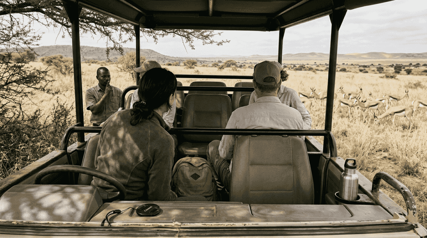 Safari guide signaling guests near wildlife