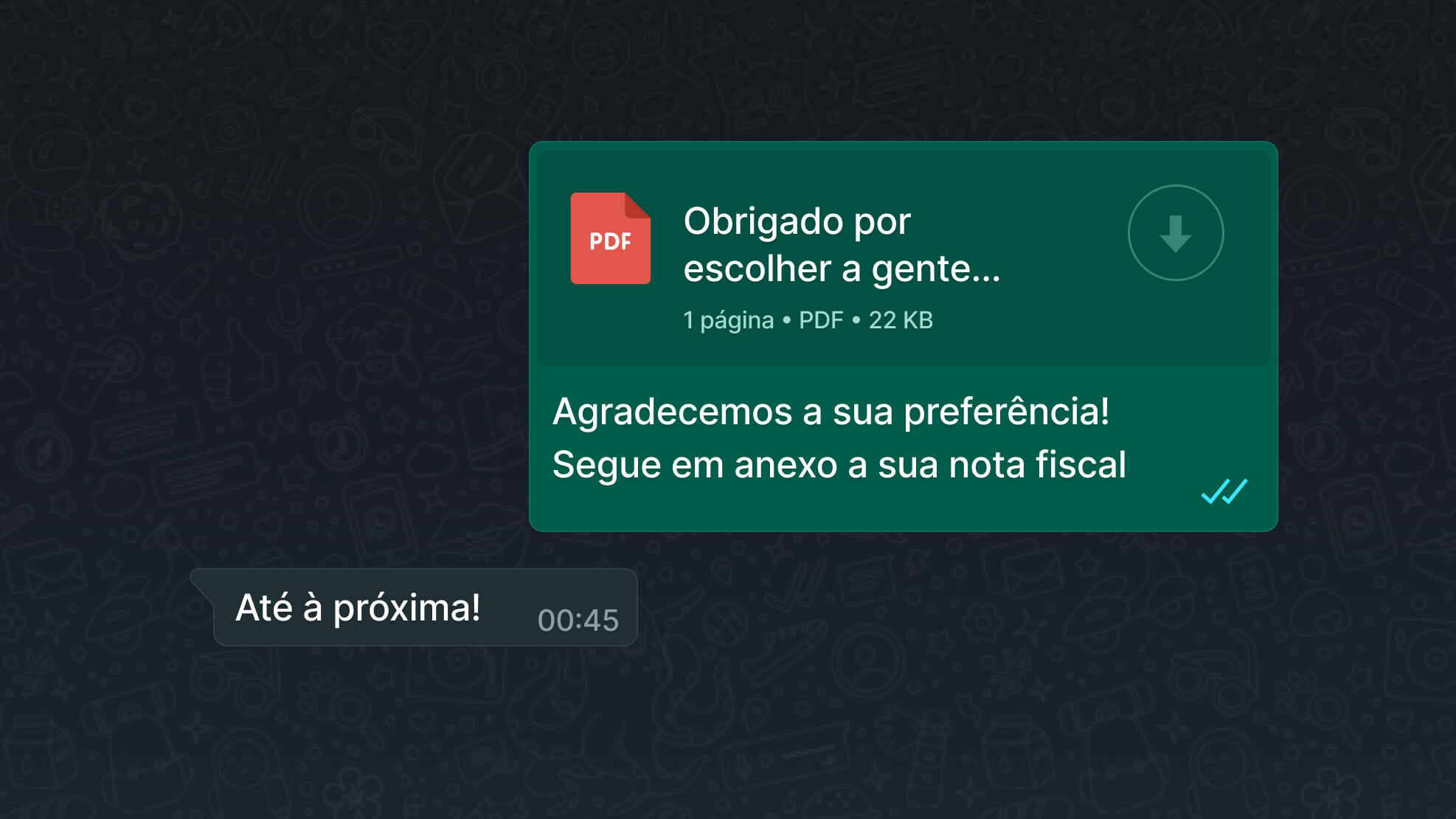 Print de automação de mensagens do WhatsApp para envio de nota fiscal, DANFE e outros documentos fiscais