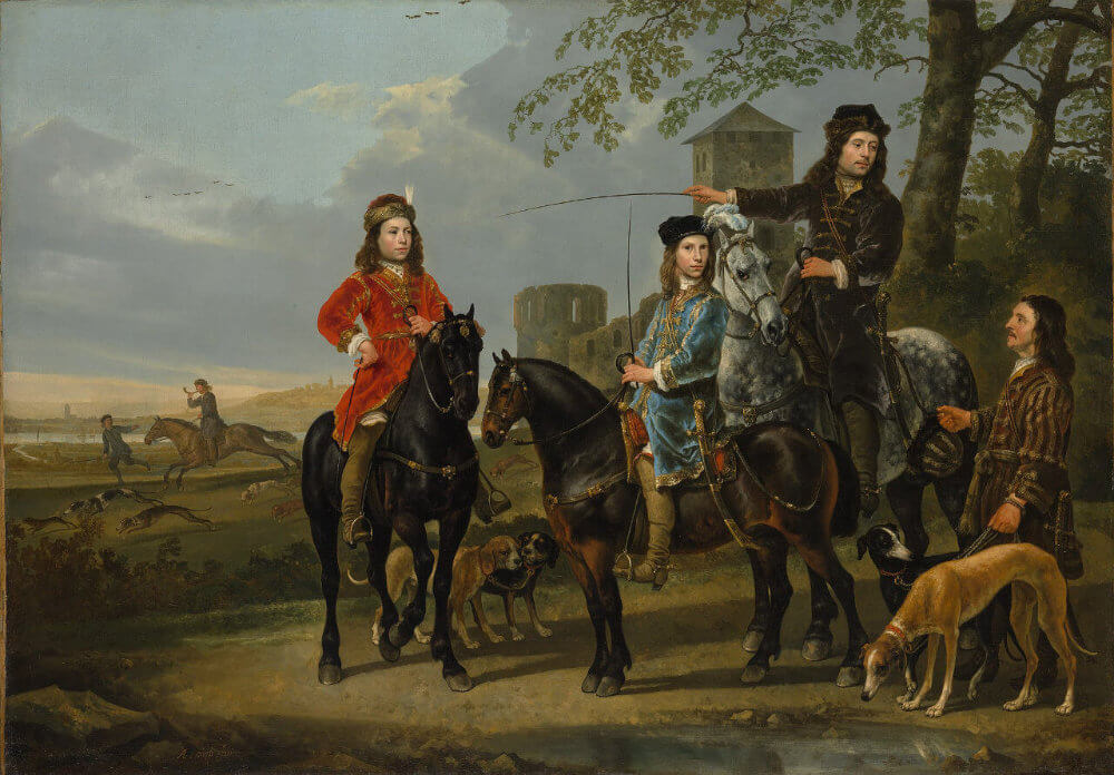 A group of people on horseback in a landscape, dressed in historical clothing, with trees and a dog nearby.