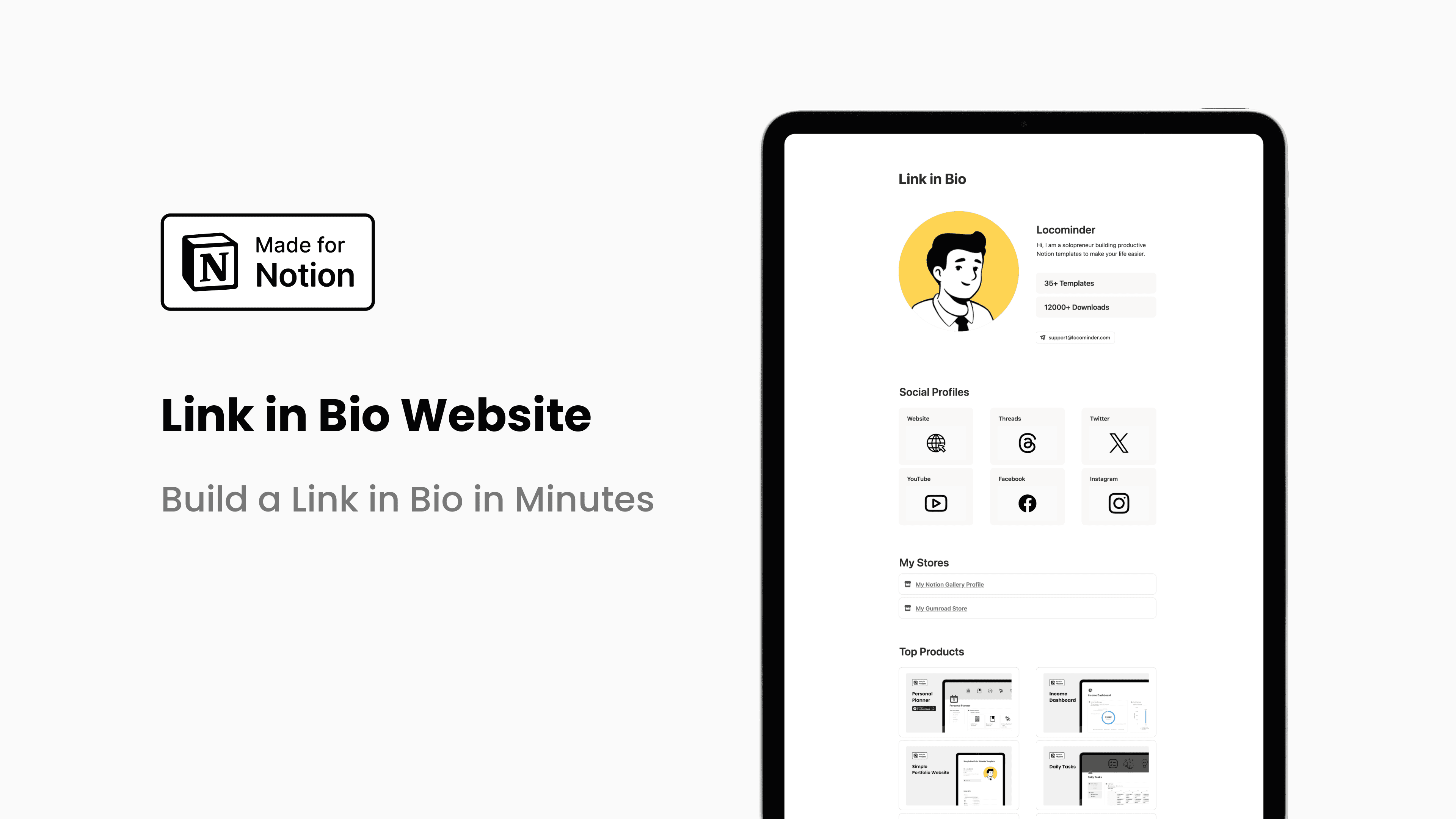 Notion Link in Bio template showing a clean, customizable page for sharing links and social profiles