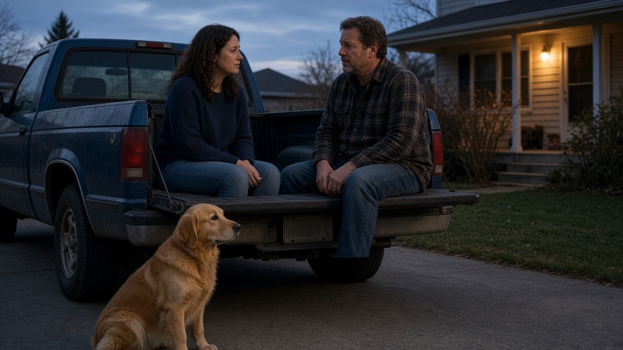 This image depicts a man and woman engaged in a serious conversation while seated on the open tailgate of a blue pickup truck parked in a driveway during dusk. A golden retriever dog sits attentively on the ground near the truck. In the background, a house with a porch light on is visible, suggesting a quiet suburban setting. The image conveys a moment of intimate, possibly emotional communication in a casual outdoor environment, suitable for illustrating themes of family dialogue, relationship discussions, or therapeutic contexts in cognitive and family therapy.