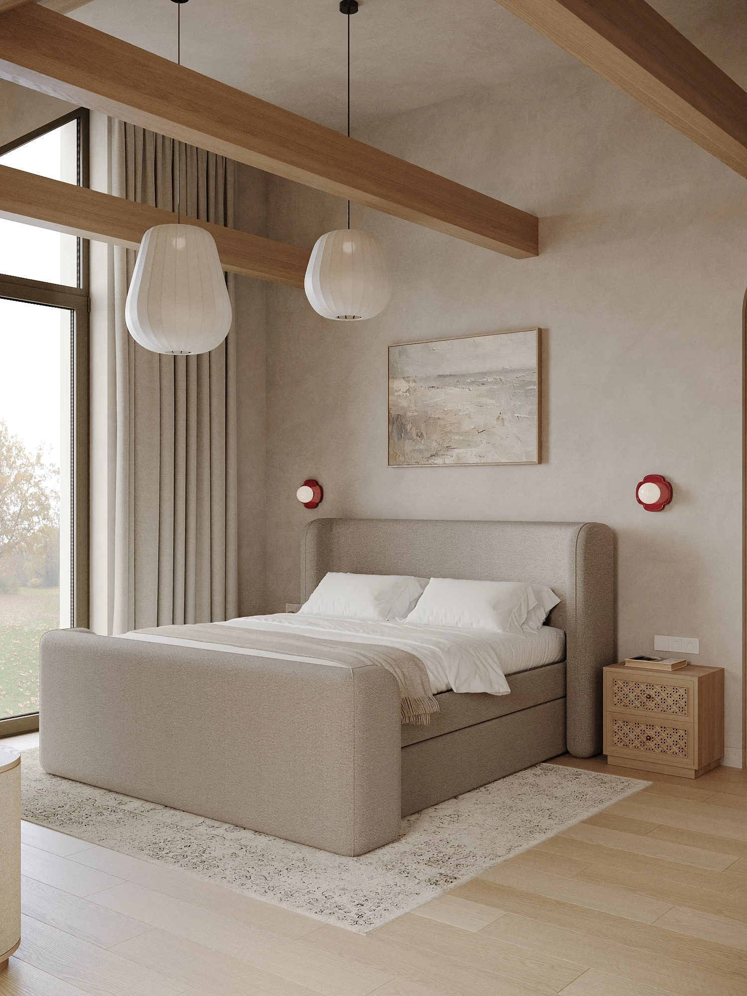 Minimalistyczna sypialnia z tapicerowanym łóżkiem, drewnianymi belkami i naturalnymi materiałami.