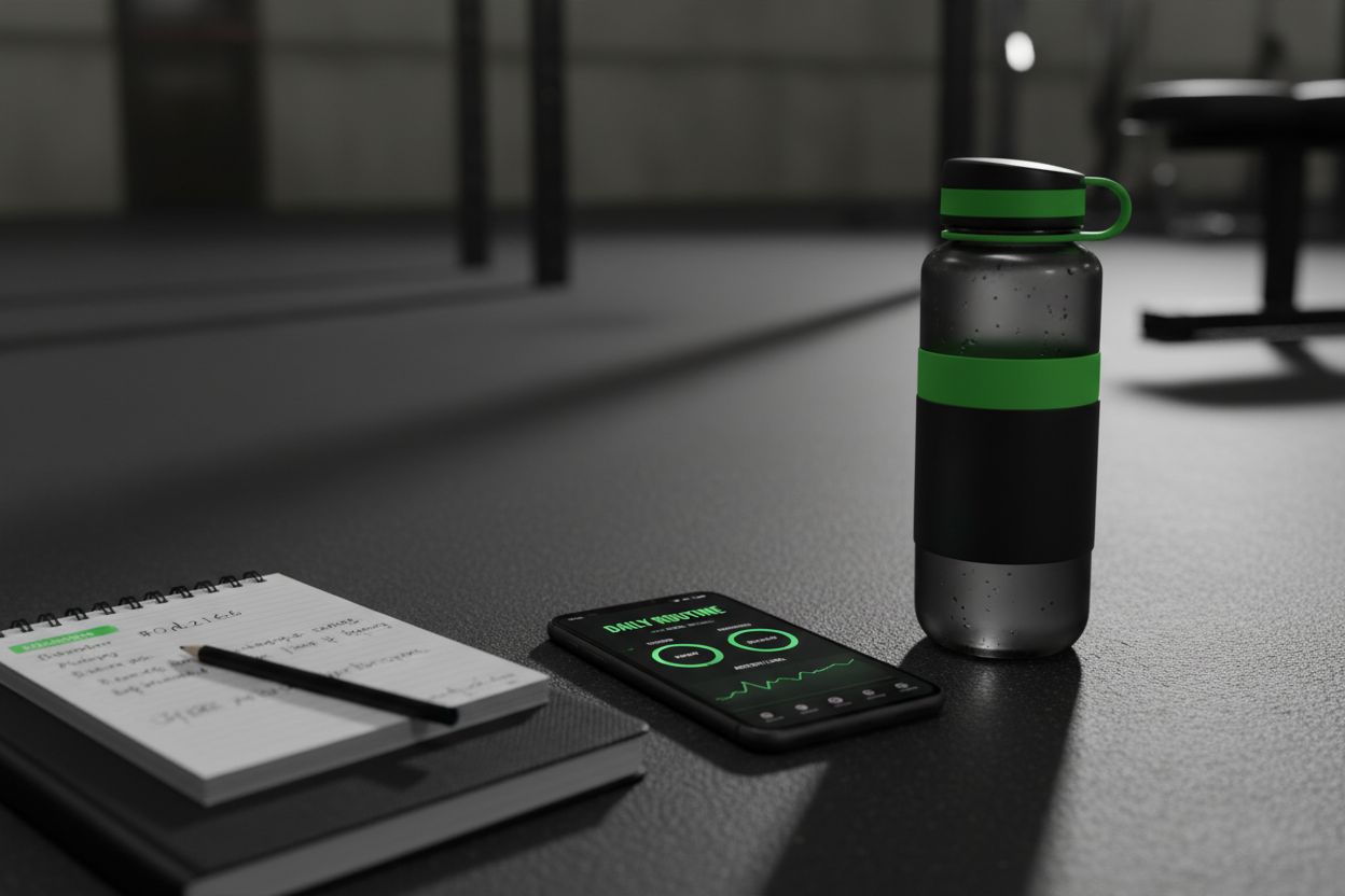 App de entrenamiento en un teléfono junto a una libreta y una botella de agua
