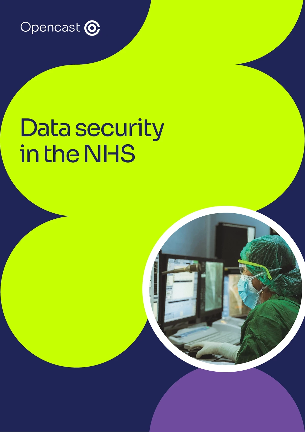 Cover of Data security in the NHS with a photo of a NHS worker in full PPE working at a computer