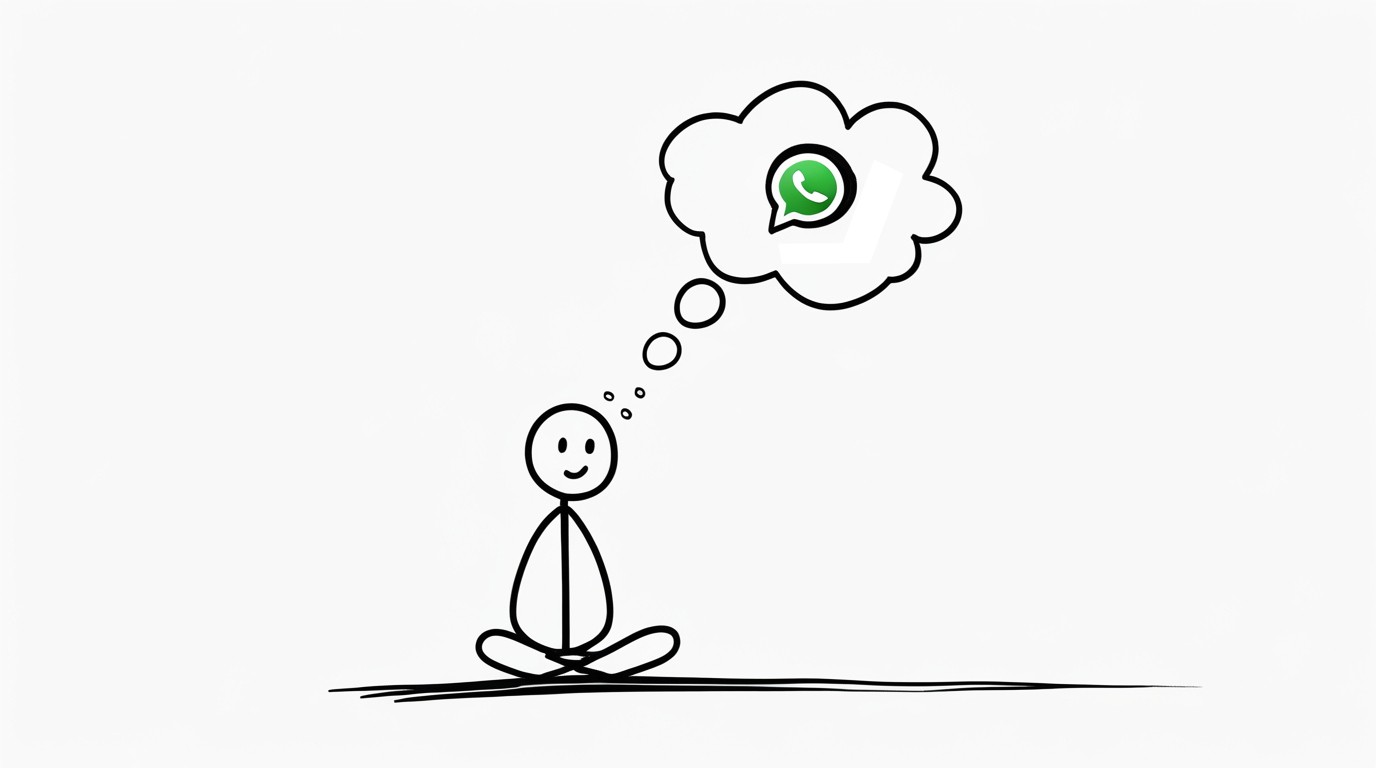  Iterate Stick figure sitting quietly with small hand-drawn thought bubbles rising gently above the head, containing whatsapp