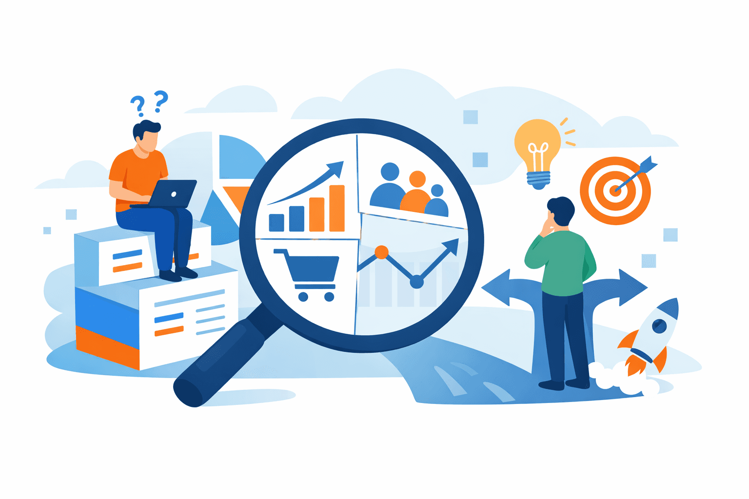Flat illustration of data analysis confusion, segmented insights, and decision-making path with charts and icons
