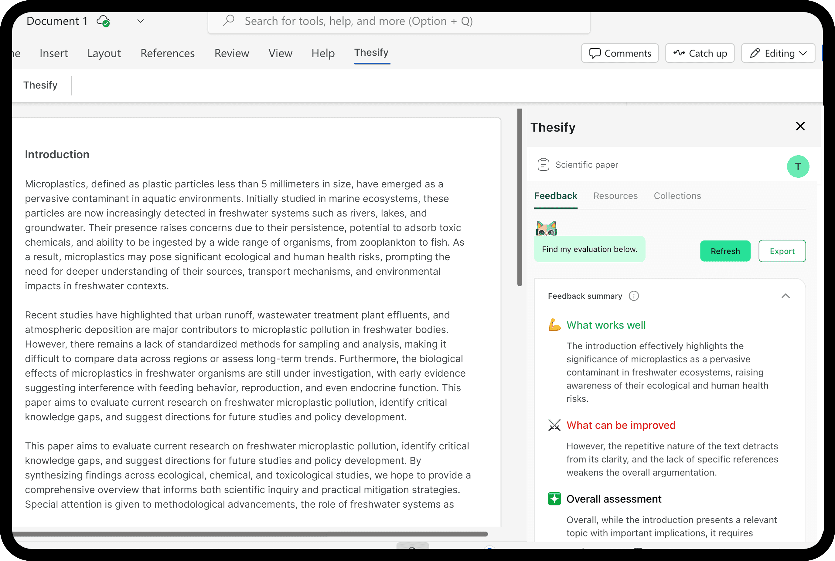Screenshot showing feedback from the Thesify plugin in Word for the open document