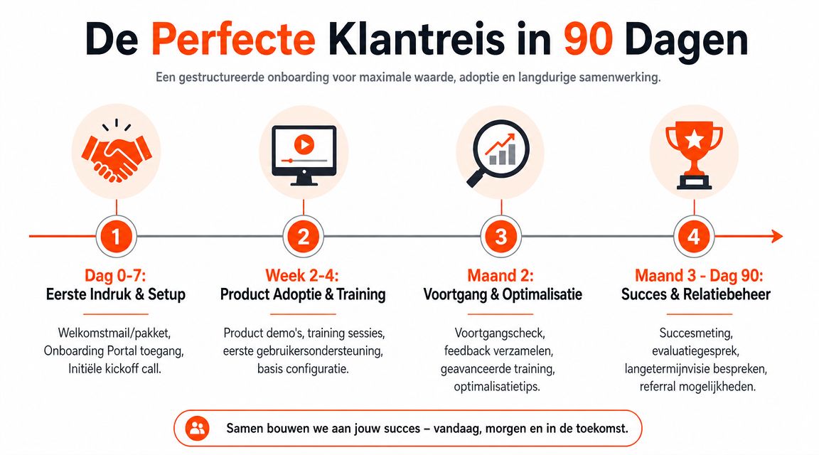 Een infographic die het perfecte klant onboarding proces van 90 dagen in vier duidelijke stappen visualiseert.