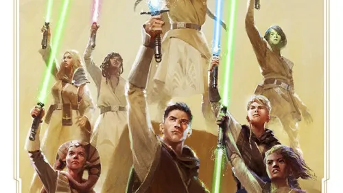 Promotional art for the High Republic with a number of Jedi in gold tabards raising lightsabers in the air