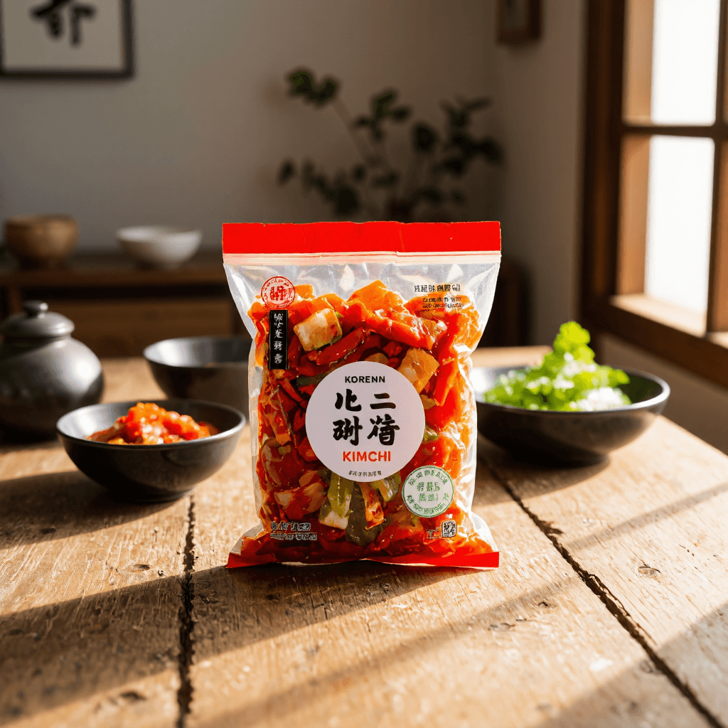 product photography of a package of fermented vegetables, specifically kimchi