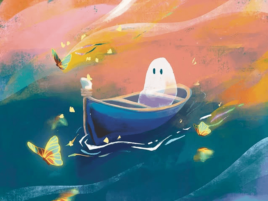 Whimsical illustration of a ghost character sitting in a blue boat surrounded by colorful butterflies against a painterly sunset background with warm orange and cool teal tones.