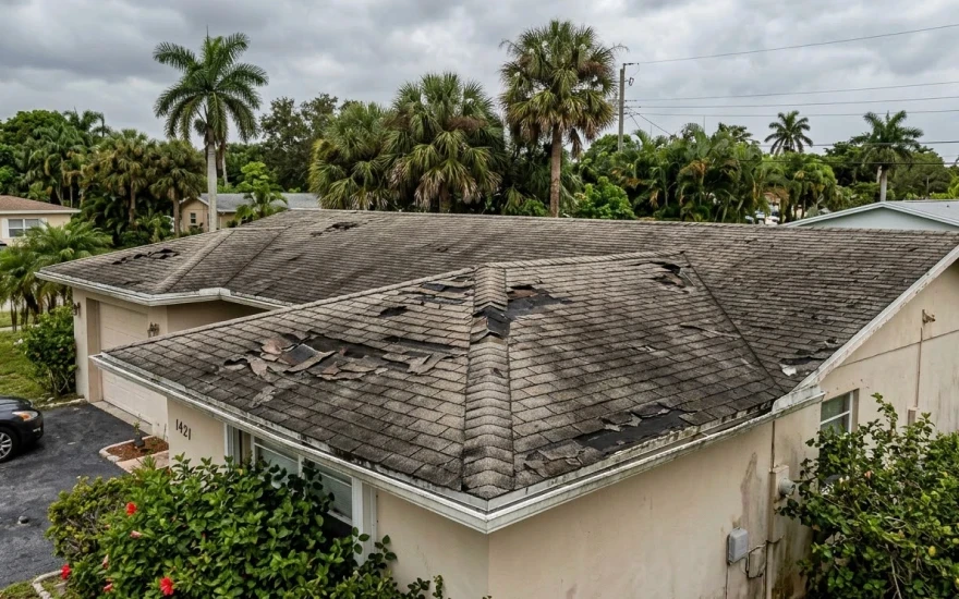 Worn and damaged residential roof in Fort Lauderdale, Florida with missing and curled shingles, showing signs of weather damage and aging.