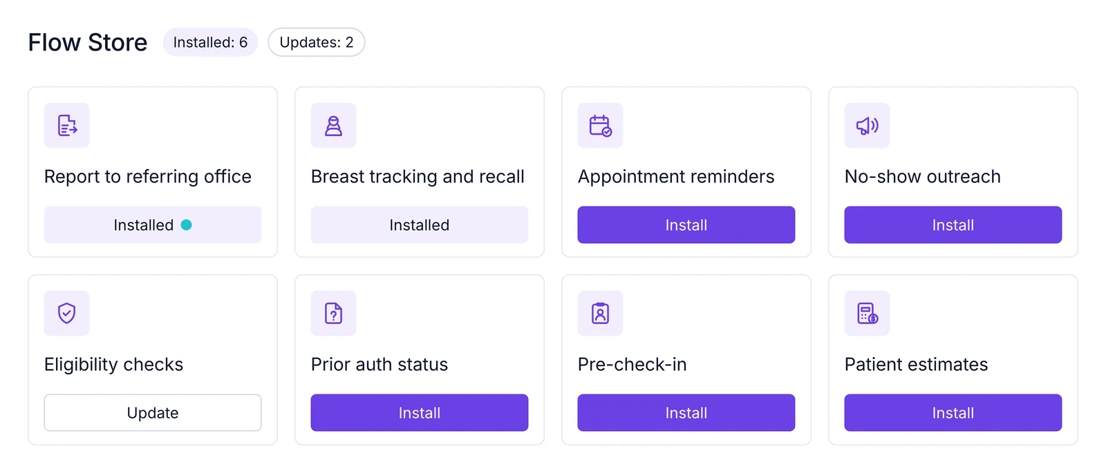 The Flow Store in Gravity: report to the referring office and breast tracking installed, with reminders, no-show outreach, eligibility checks, prior auth status, pre-check-in and patient estimates ready to install