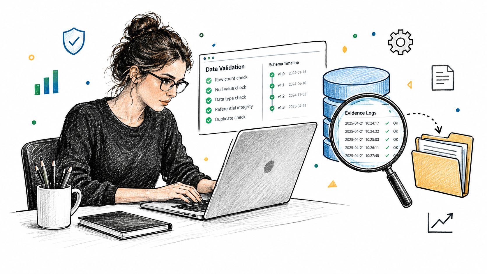 A woman working on a laptop surrounded by data quality auditing icons and data validation workflow graphics.