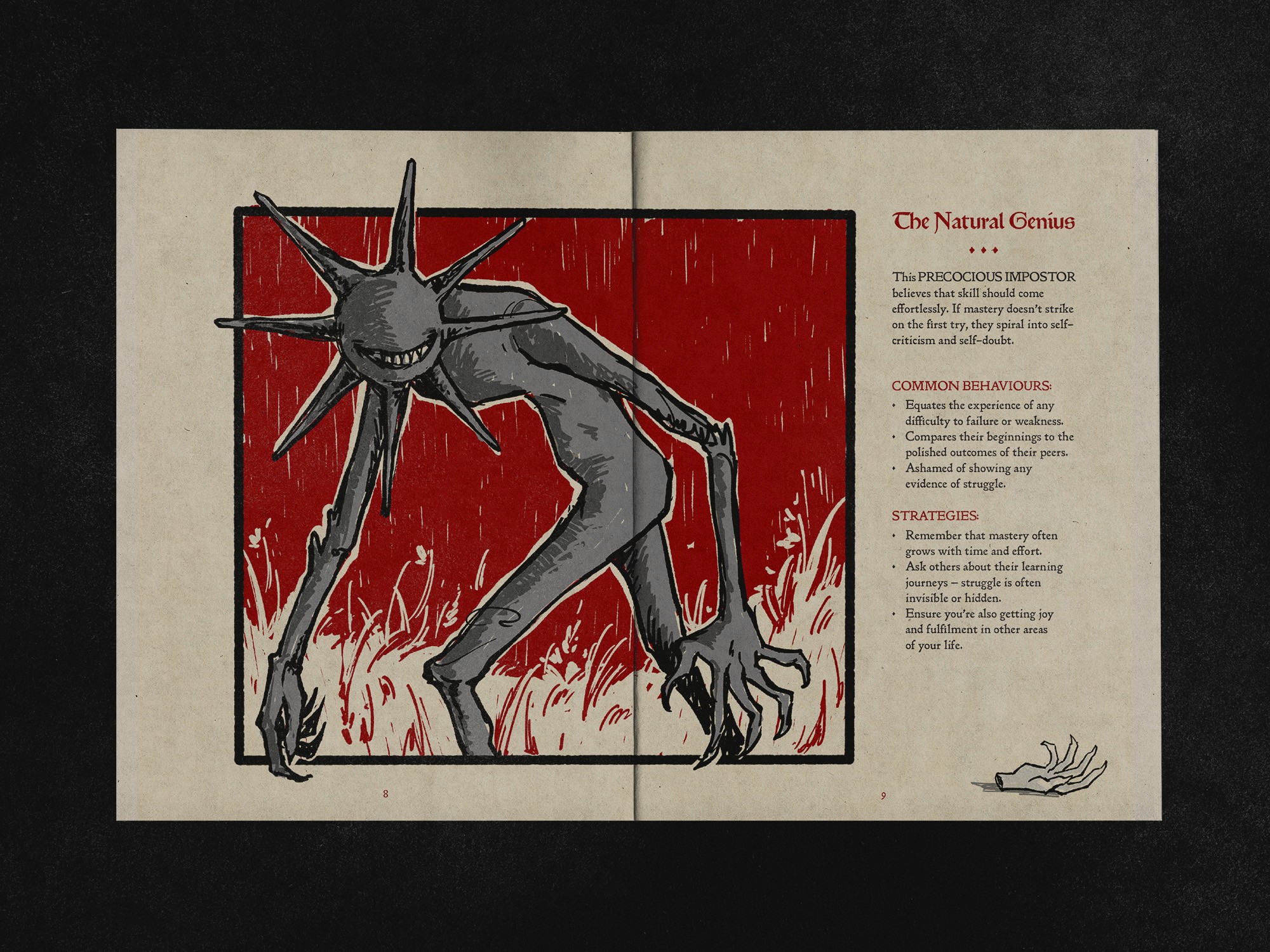 layout of spread in zine, feature multi-spread illustration of fantastical creature