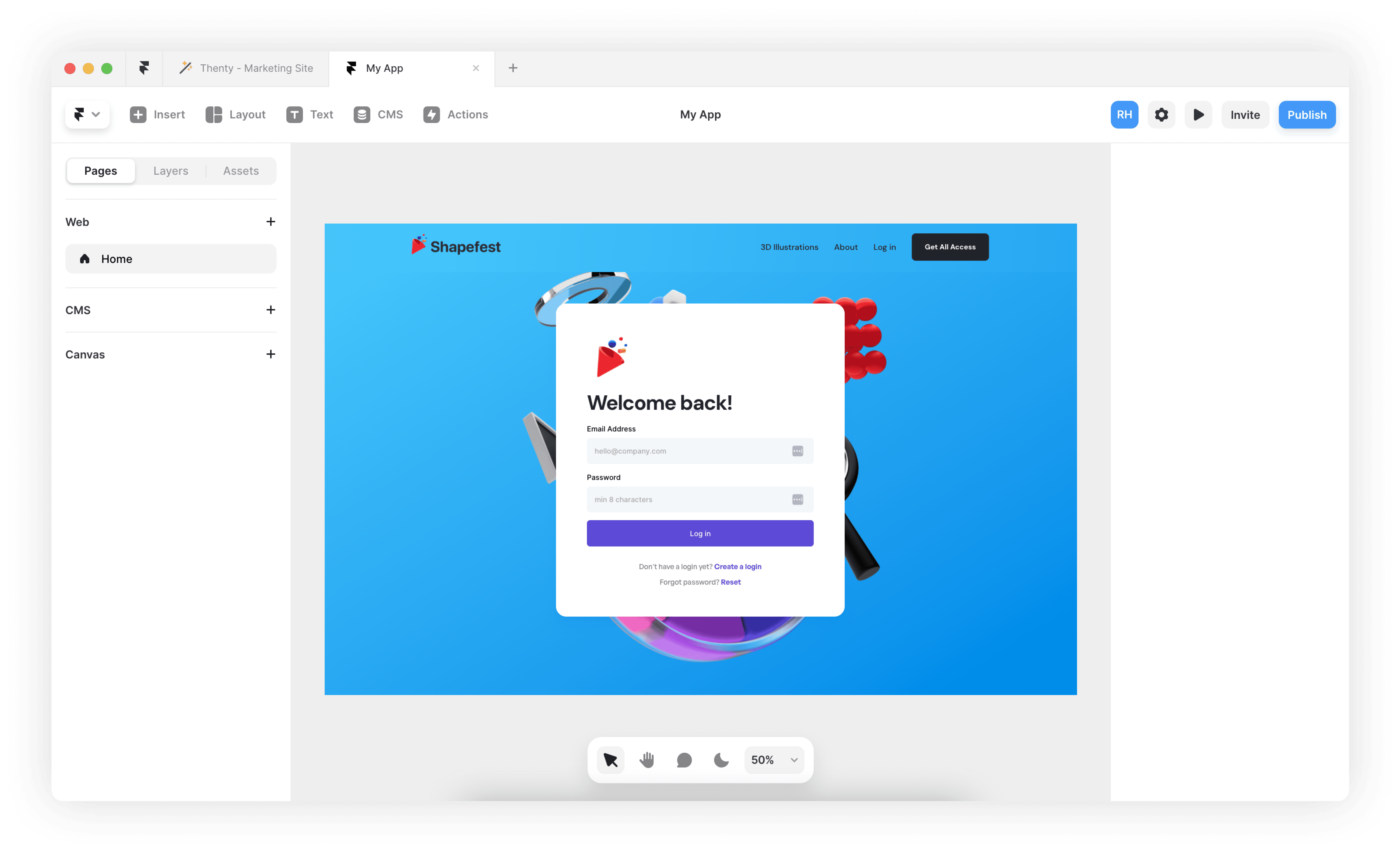 Shapefest login screen created using Thenty plugin in Framer
