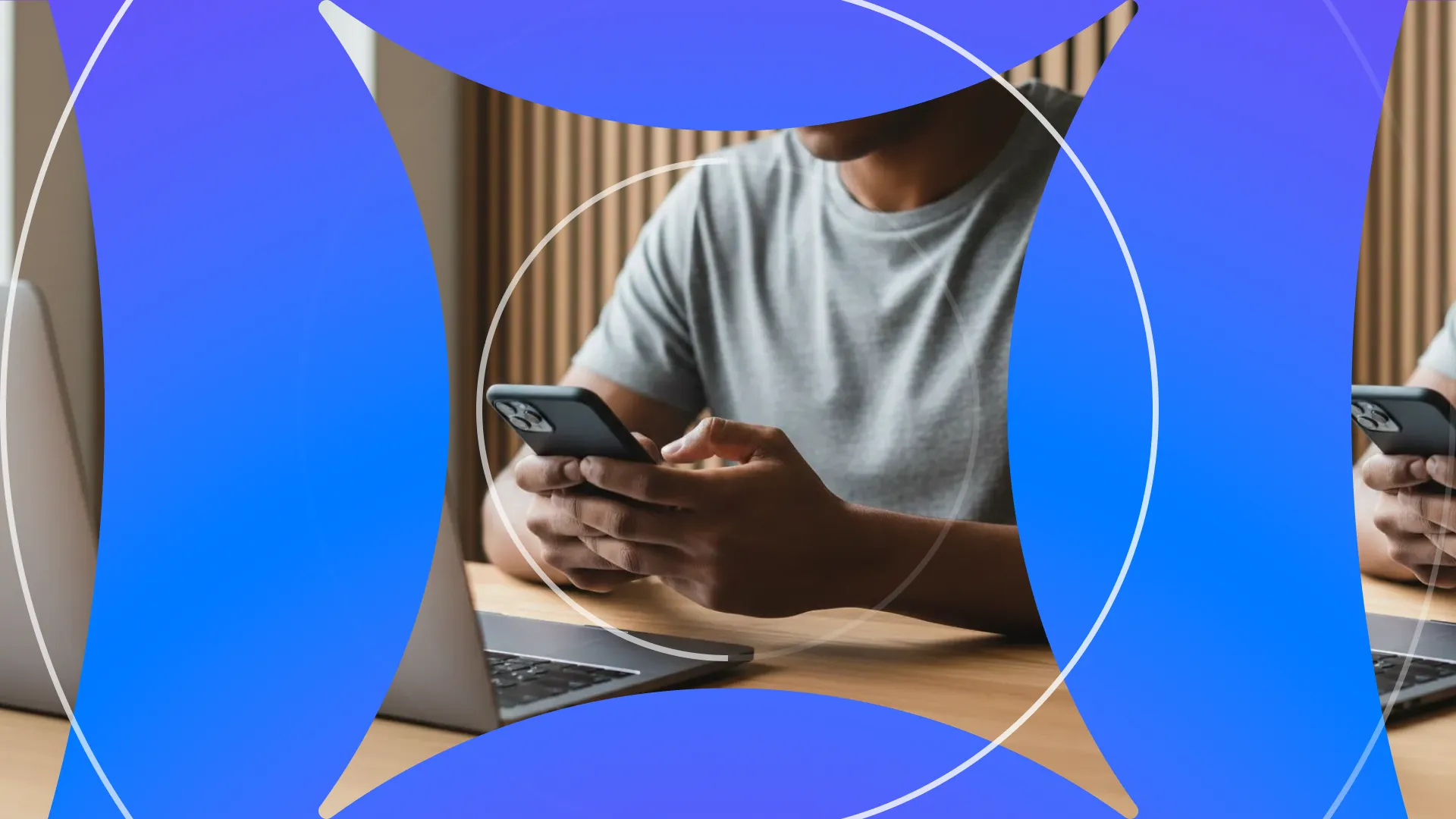 Digital graphic showing an employee using a laptop and smartphone within a secure framework, representing managed AI opportunities for MSPs.