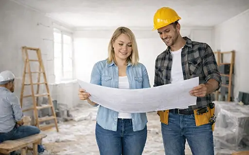 Ανακαίνιση σπιτιού με μελέτη και σχεδιασμό – επαγγελματίες εξετάζουν σχέδια αναβάθμισης εσωτερικού χώρου σε κατοικία.