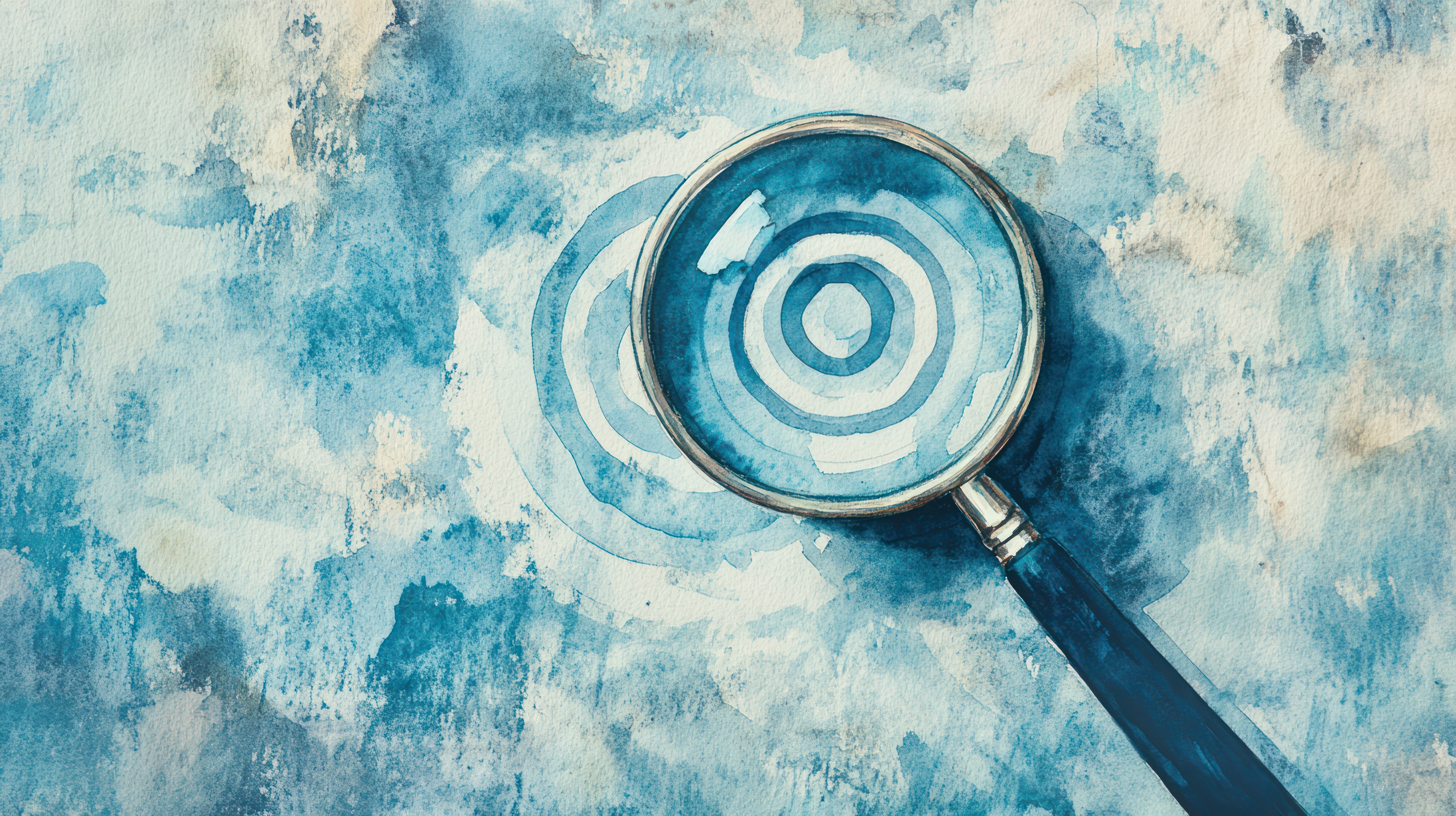 artistic drawing of a magnifying glass against a blue paint background in watercolors