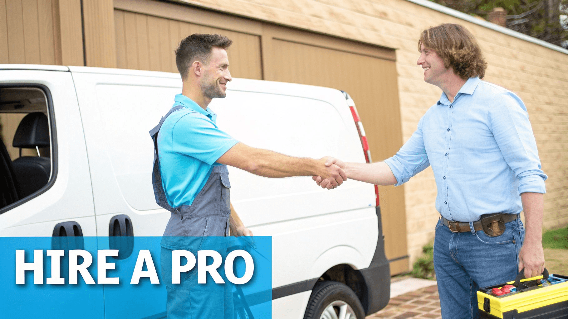 two electricians shaking hands in front of a white van with the text 'hire a pro'