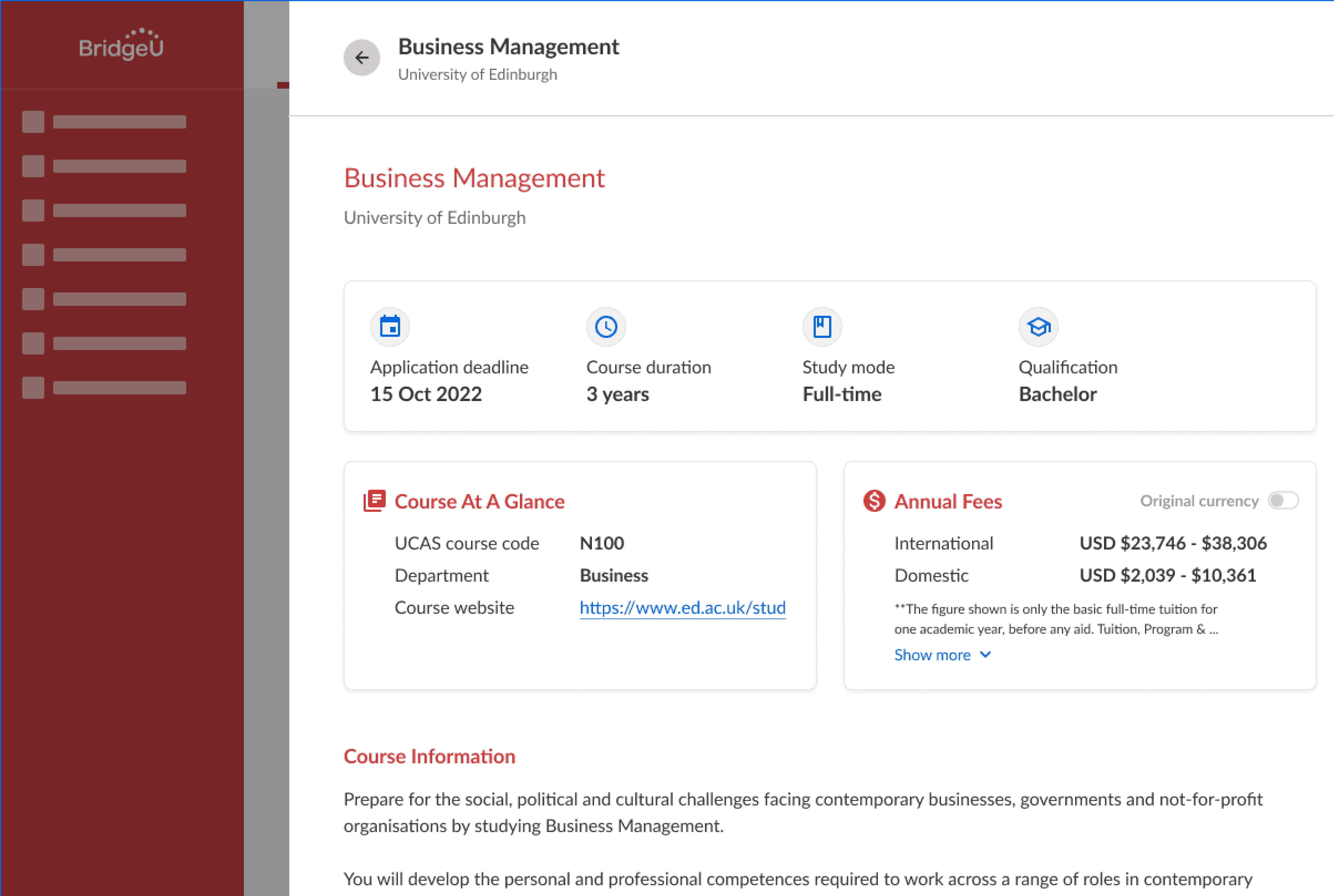 The final design of UK course profiles, showing a row at the top with icons and key info and tow containers below with textual info