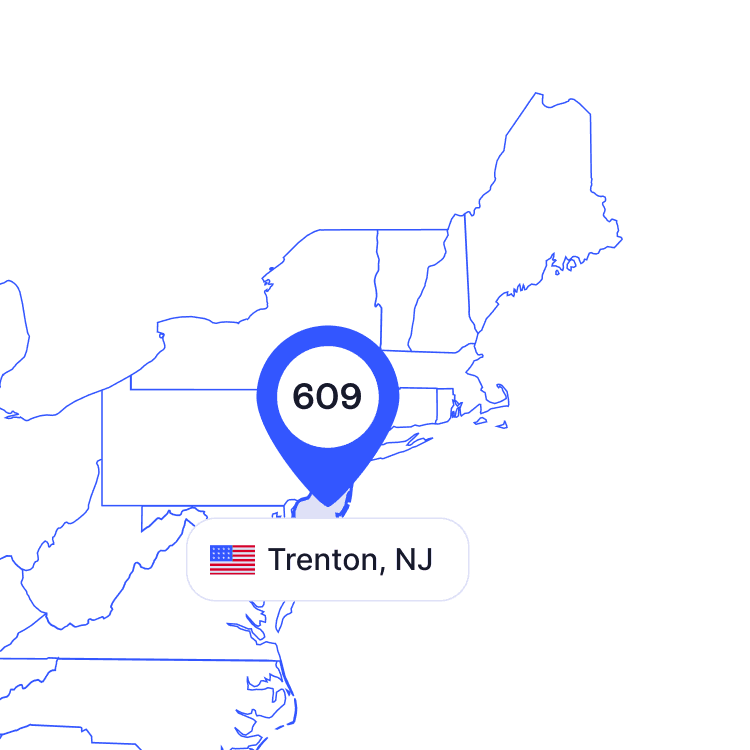 US map of 609 area code phone numbers and its coverage region