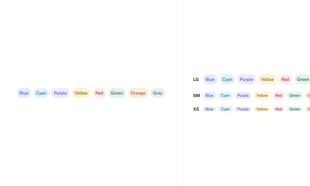 Estilo de etiqueta, incluindo tamanhos (grande, pequeno e extra pequena) além das cores azul, ciano, roxo, amarelo, vermelho, laranja, verde e cinza.)