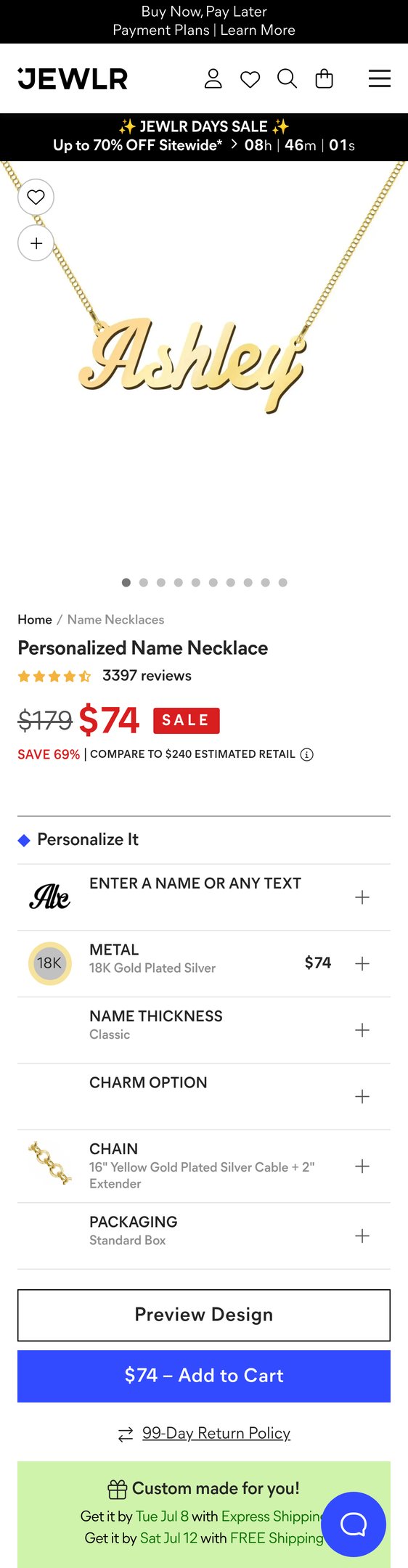 Jewelry product options include: necklace for 18K Gold Plated Silver Personalized Name Necklace from Jewlr.