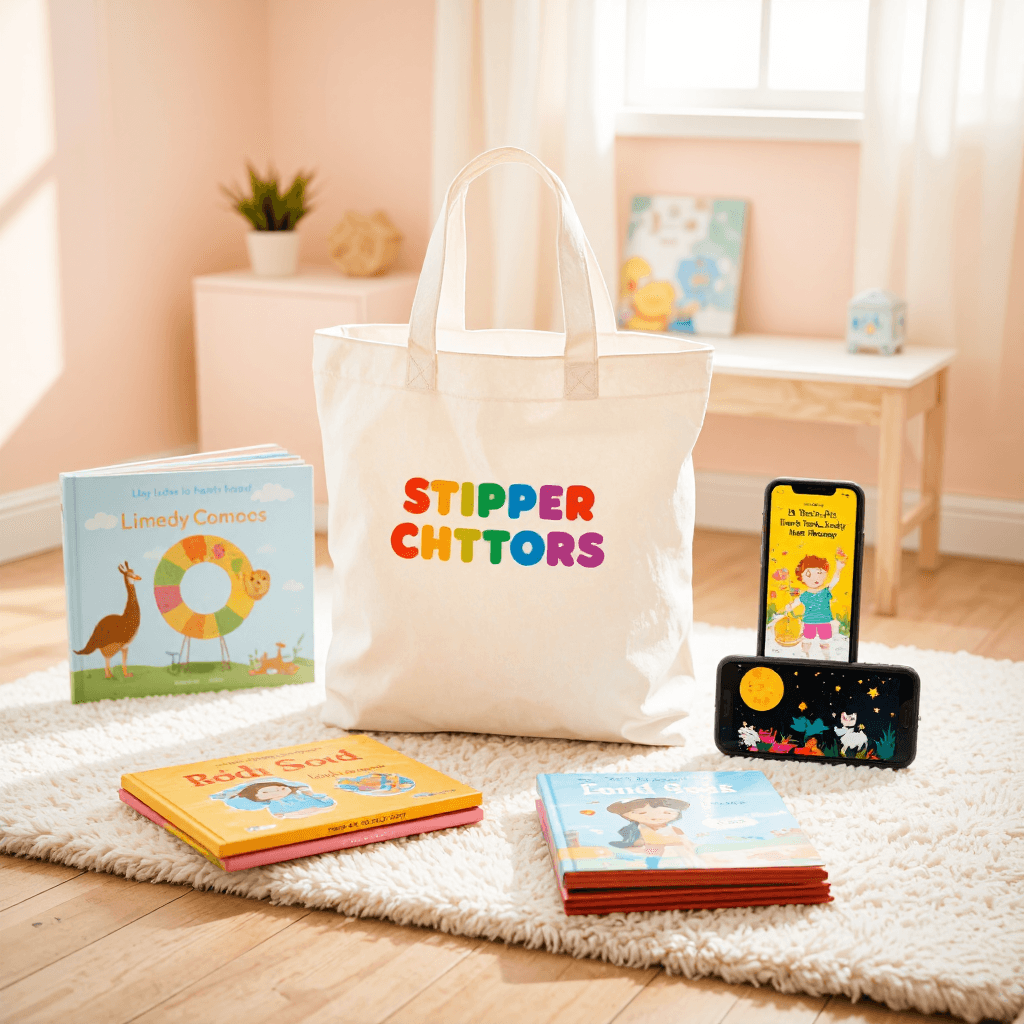 product photography of a collection of children's books and accessories including a tote bag, a smartphone, and a storybook