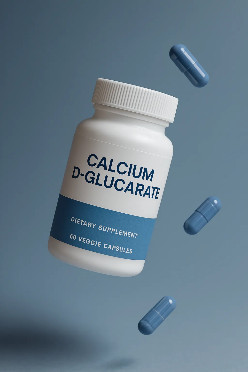 White Calcium D-Glucarate bottle floating with blue capsules on a blue background