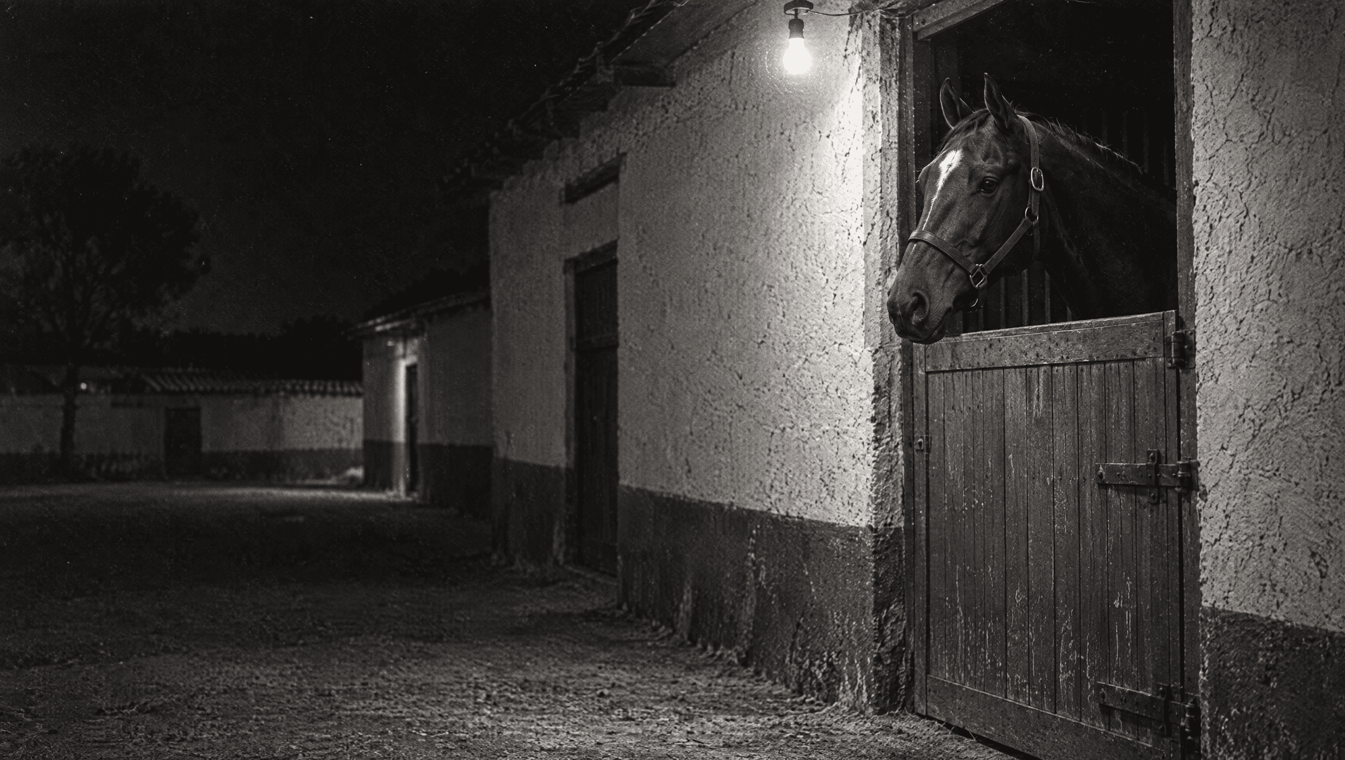 At night, the racehorse looks out over his stall door into an empty stable yard