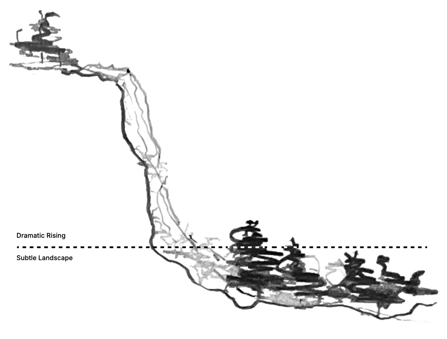 Parti diagram showing the split nature of the site, grounded and ascended. 