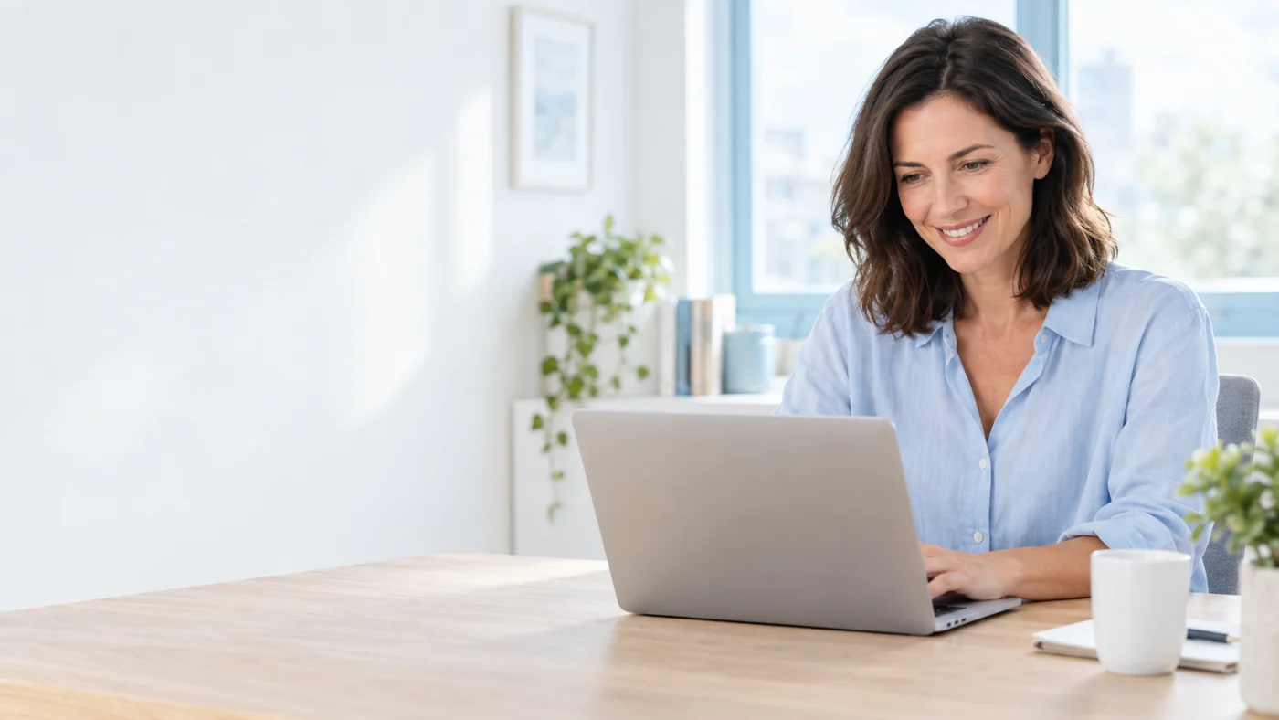 Illustrative Szene: Eine Mitarbeiterin prüft am Laptop einen nächsten Schritt für die Kundenbetreuung