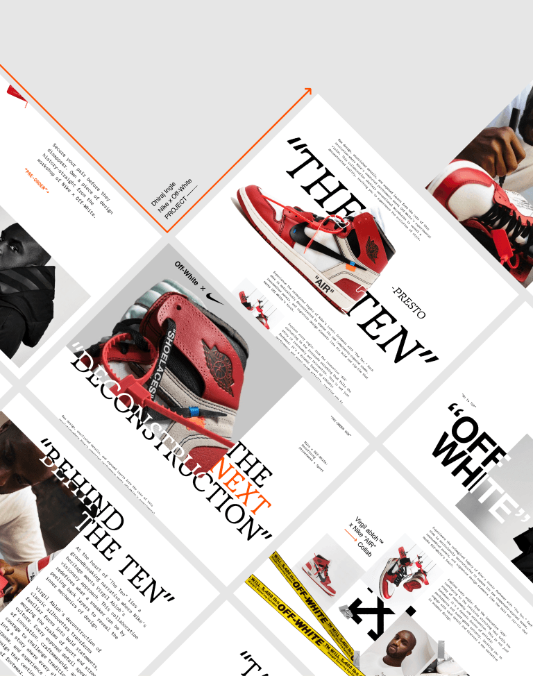 Nike Off-White "THE TEN" sneakers in a dynamic website layout.