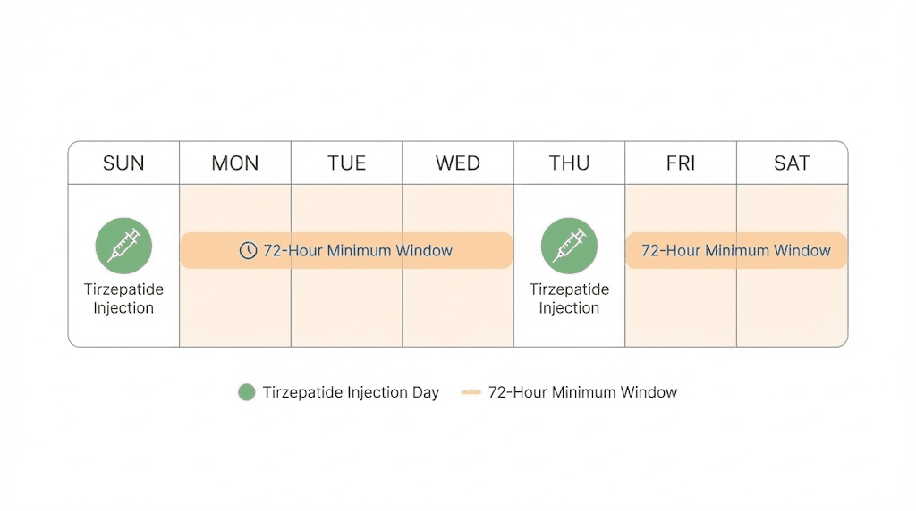 Tirzepatide weekly injection schedule showing 72-hour minimum between doses