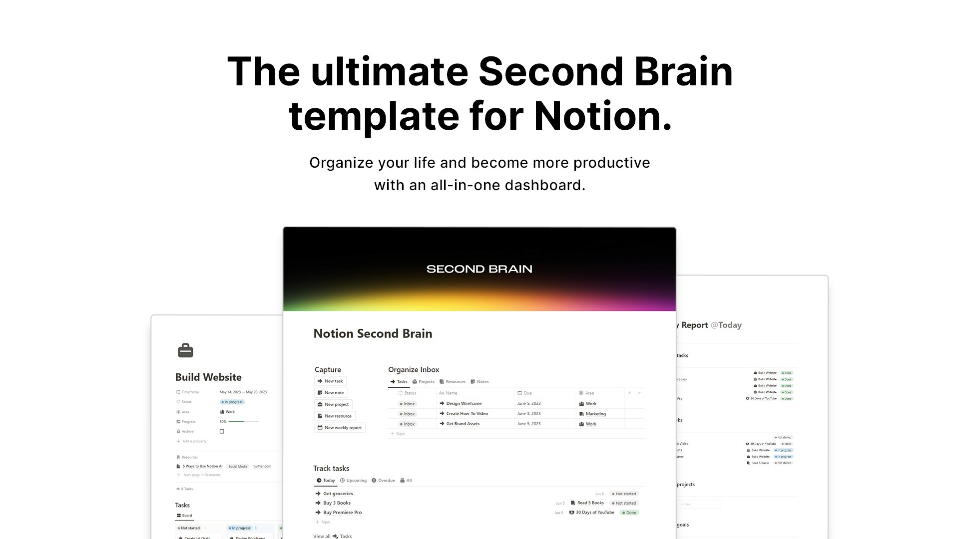 Notion Second Brain template overview screenshot showing knowledge management dashboard