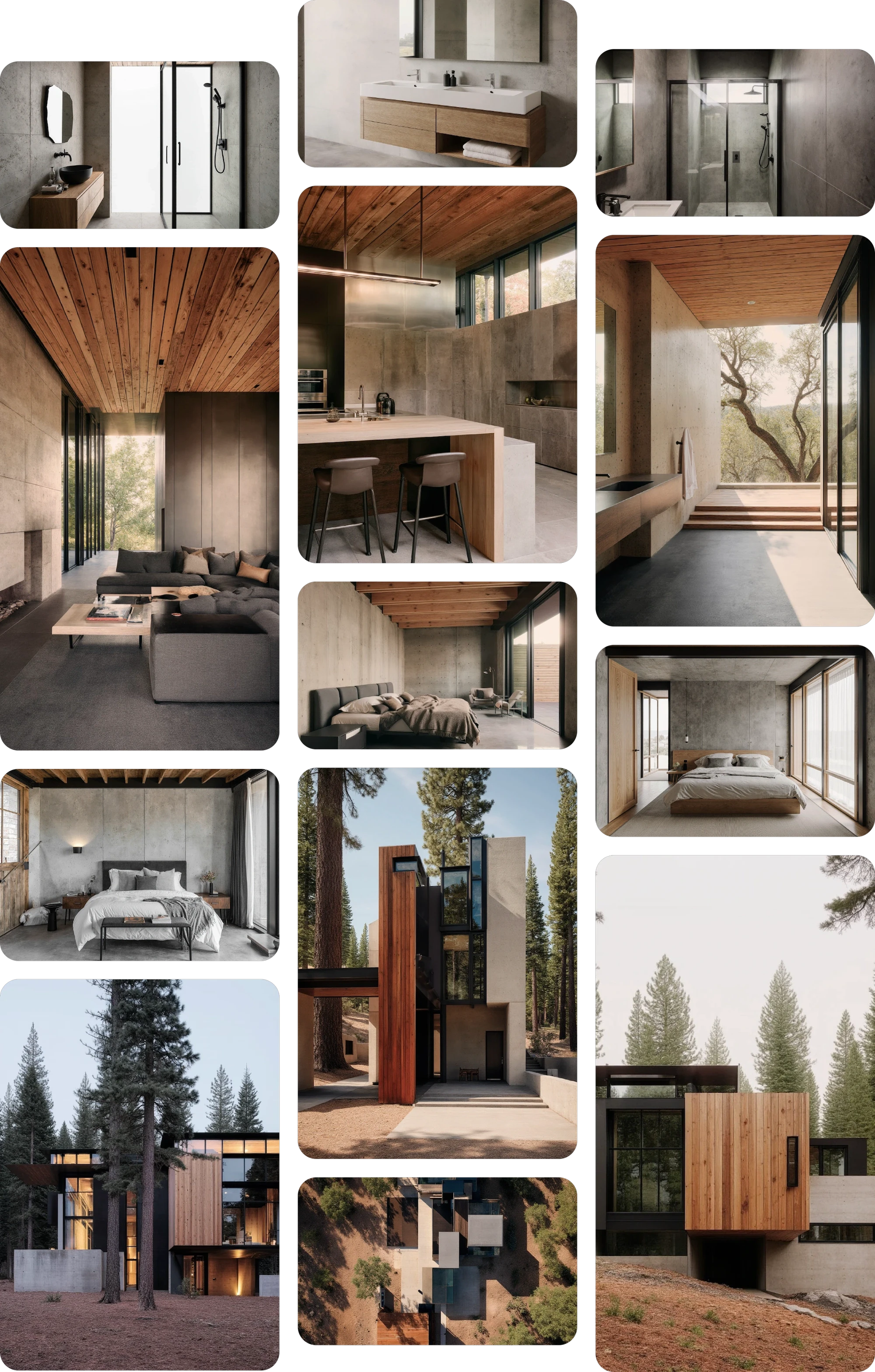 Masonry-style gallery of a modern concrete-and-wood residence showing interiors and exteriors.