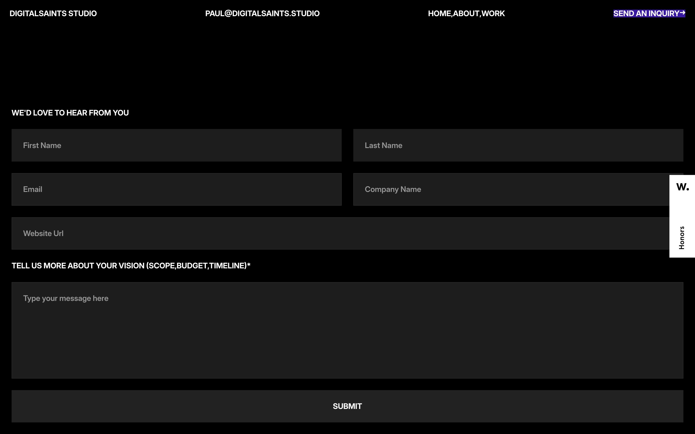 Contact form with fields: First Name, Last Name, Email, Company Name, Website URL. Large message box and Submit button.