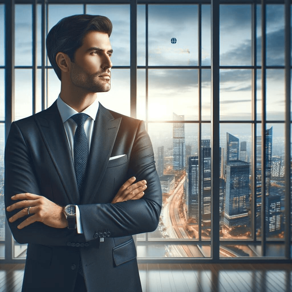 Multinational manager standing in a corporate office overlooking the city skyline, embodying the leadership qualities sought after in EB1C visa candidates.