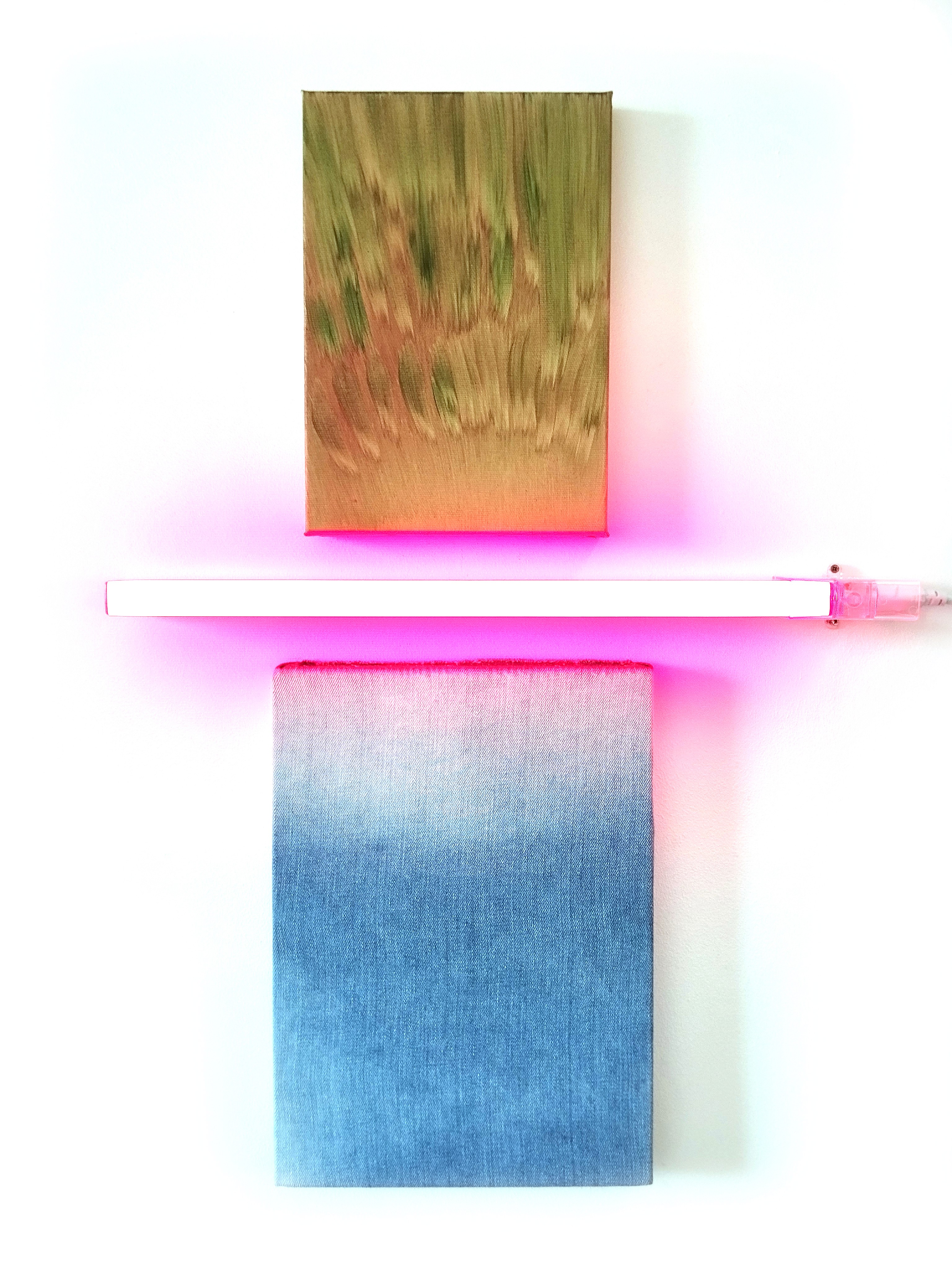 Sans-titre, Huile sur toile 27 x 19 cm et jean sur châssis bois 33 x 24 cm