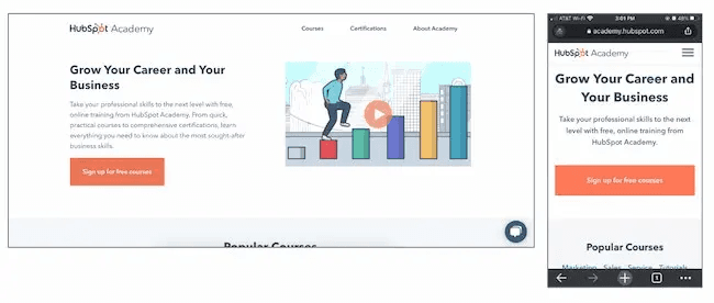 HubSpot Academy webpage promoting career and business growth courses.