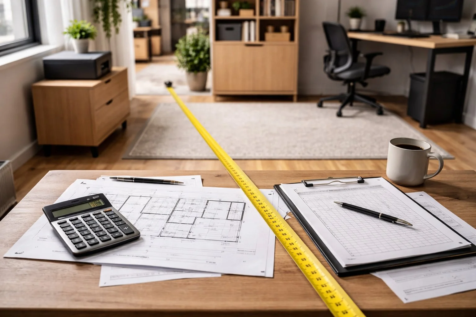 Measuring tape stretched across a room next to documents on a desk, representing real-world calculation using physical examples.