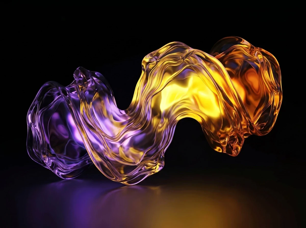 Fluid wave of translucent purple and gold glass on a dark surface