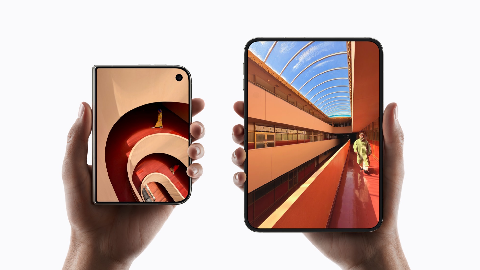 Apple's iPhone Duo held in two hands, showing the 5.4-inch outer display and the 7.6-inch unfolded inner display